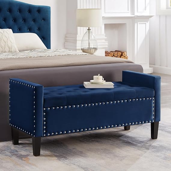 Storage Benches Upholstered Tufted Button Storage Bench with Nails Trim,Entryway Living Room Soft Padded Seat with Armrest,Bed Bench - Navy