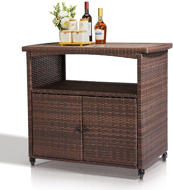 Outdoor Bar Cart with Storage Cabinet, Patio Wicker Sideboard Buffet Cabinet Prep Table, Outside Kitchen Serving Cart with Rolling Wheels & Handles (Brown)