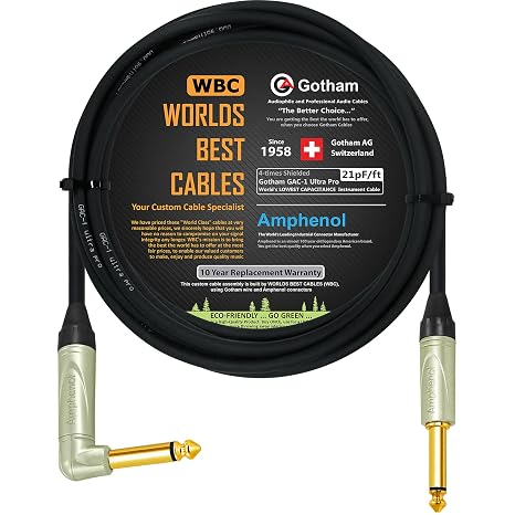 12 Foot - Gotham GAC-1 Ultra Pro (Black) - Premium, Low-Capacitance (21 pf/F) Guitar Bass Instrument Cable - Amphenol QM2R-AU & QM2P-AU 14 Inch (6.35mm) Gold TS Connectors