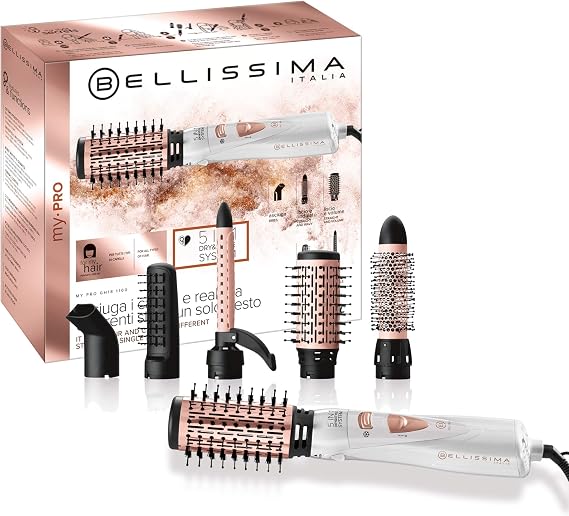 Bellissima Imetec My Pro GH18 1100 Air Styling Brush, Ceramic Coating, 5 Accessories for Straight and Luminous Hair, Soft Waves or Deep Curls, 1000 W, White, Standard