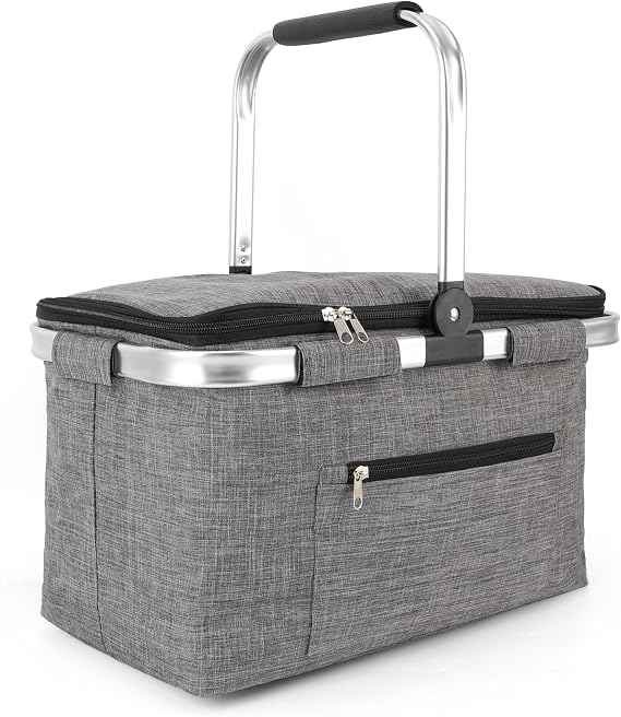Large Picnic Basket Insulated, Foldable Shoping Basket Cooler Bag, Leakproof Picnic Baskets with Handle and Lid for Camping Outdoor Birthday Lunch BBQ Travel Beach(Gray, 17.7x10.2x9.8in)