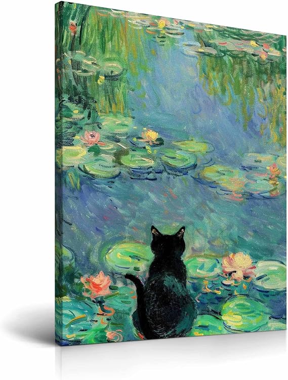 HesenDot 30x40CM Waterlily Black Cat Framed Wall Art, Set of 1 | Claude Monet Animal Canvas Print, Funny Classic Poster Wall Decor for Home Living Room Kid Bedroom Bathroom