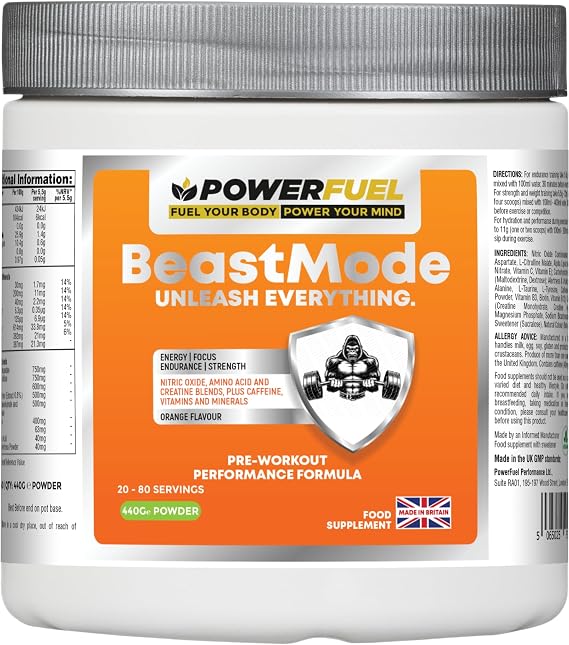 PowerFuel BeastMode Pre Workout Powder | Nitric Oxide & Creatine Blend with L-Citrulline, Beta Alanine, Taurine | Energy, Focus & Performance Support | Orange Flavour | 440g | 20–80 Servings