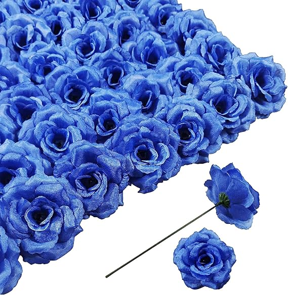Rose Artificial Flowers, 50Pcs Dark Blue Roses Head Flowers Bulk with Stem