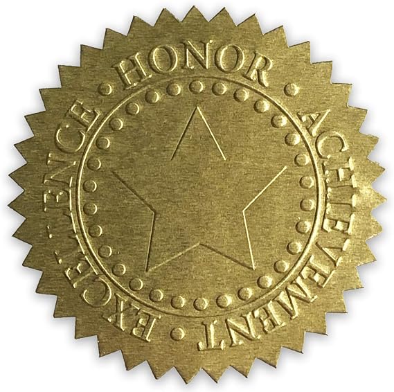 Embossed Gold Foil Certificate Seals - Excellence, Honor, Achievement Award Stickers - 2" Diameter - 24 Pack