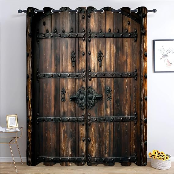 Opaque Blackout Curtain Wooden Door with Iron Rod in Medieval Style Blackout Curtain - Opaque Curtain for Bedroom 230 x 117 cm (H x W) Set of 2