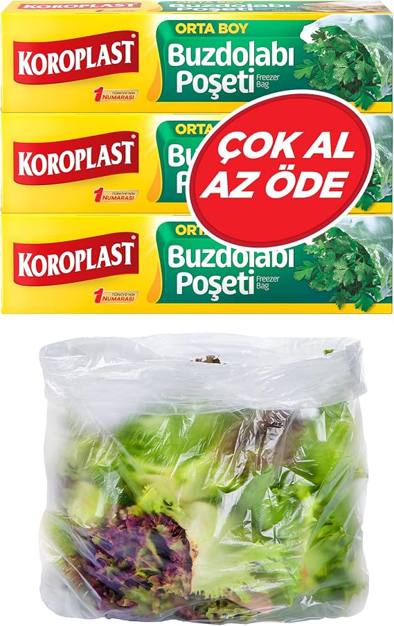 Koroplast 3'lü Çok Al Az Öde Ekonomik Paket Orta Boy 90'lı Buzdolabı Poşeti, Sızdırmaz & BPA İçermez Gıda Saklama Torbası, Et, Tavuk, Balık, Sebze, Meyve, Çorba, Sos, Peynir, Kuruyemiş, Sandviç