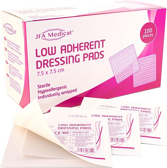 JFA Medical Low Adherent Sterile Absorbent Wound Dressing Pad - Pack of 100 (7.5cm x 7.5cm)