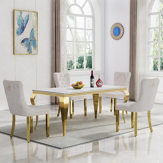 Henf 5 Piece Marble Dining Table Set for 4, 68" Modern Kitchen Dining Room Table and Beige Chairs Set for 4, White Gold Dinner Table Set for 4 with Mirrored Stainless Steel Legs for Dining Kitchen