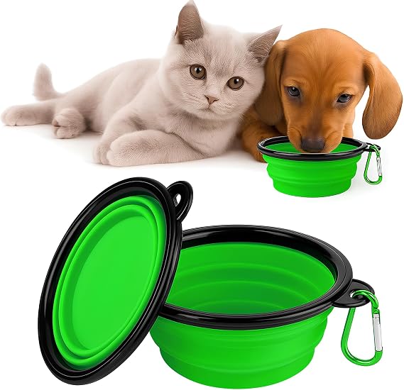 Kanji Katlanabilir Silikon Mama ve Su Kabı – 350 ML - Yeşil, Askı Aparatlı, Taşınabilir, Katlanabilir Pet Mama Kabı – Kedi ve Köpekler İçin Seyahat Dostu Mama Kasesi