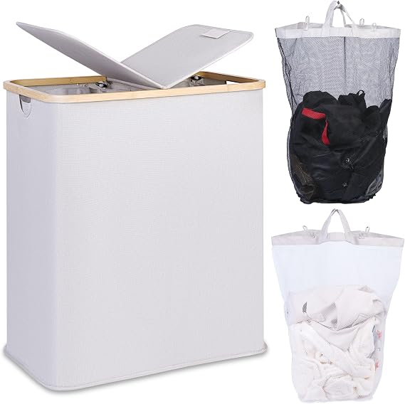 efluky 140L Laundry Baskets with Lid 2 Compartments, Large Laundry Hamper, Double Laundry Basket Laundry Storage with 2 Removable Bags, Light Grey