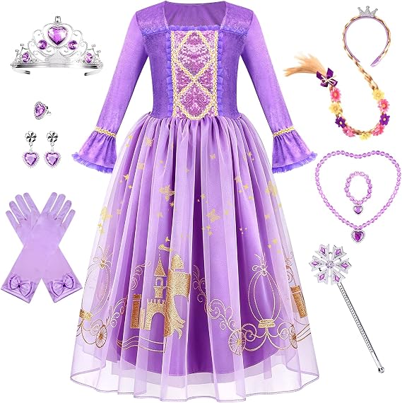 Meland Princess Dress Up Clothes for Girls 3-10, Purple Pretend Play Costume with Jewelry for Birthday Halloween Party Outfit