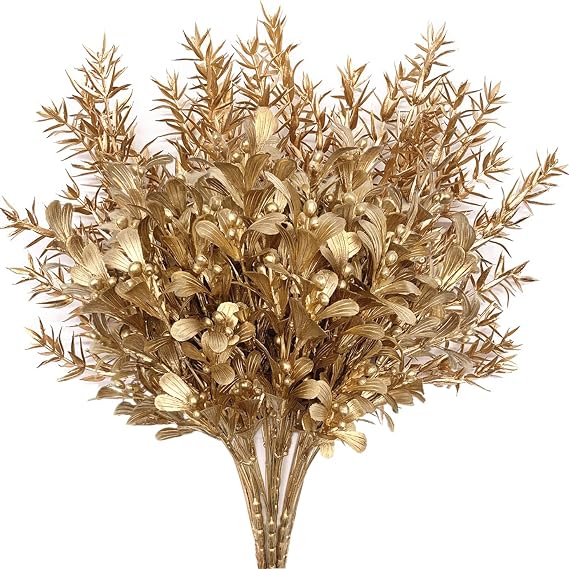 Gold Decorations Artificial Plants, CATTREE Golden Berry Leaves Fake Simulation Spiky Leaf Grass Plastic Faux Shrubs Bushes Ornaments Home Indoor Outdoor Wedding Decor Hall Table Planter Filler 4 Pack