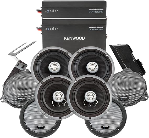 Kenwood Excelon P-HD4UT Audio Package for Select 2014-Up Harley-Davidson Models - (2) XM160-2 Audio Amplifier, (4) 6.5" Excelon XM65F Front Motorcycle Speakers, Includes Mounting Plates & Grilles