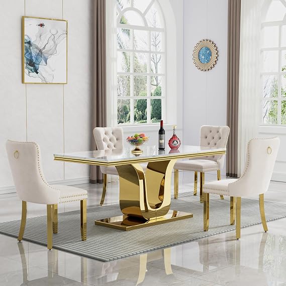 Henf Luxury Marble Dining Table Set for 4, 68 in White Kitchen Dining Room Table with 4 Beige Dining Chairs & Gold Stainless Steel U-Shaped Base, 5-Piece Modern Dinner Table and Chairs for Kitchen