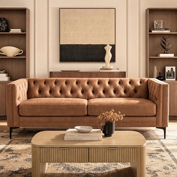 HULALA HOME 84" Faux Leather Sofa, Mid Century Modern 3 Seater Couch, Camel