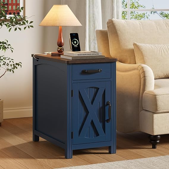 ONBRILL Farmhouse End Table with Charging Station,Blue