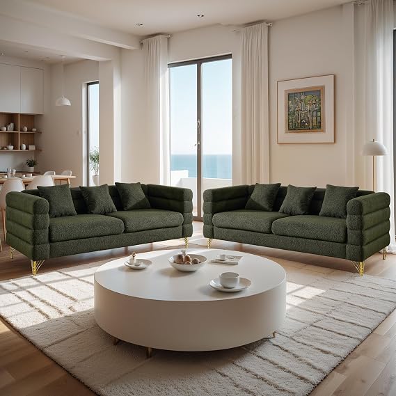 2 Piece Living Room Sofa Set, Comfy Boucle Cloud 3 Seater Deep Seat Couch