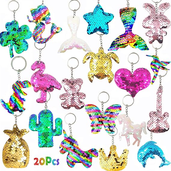 20 PCS Sequin Keyrings Colorful Girls Keyrings Party Bags Gift Reversible Sequins Birthday Favors Backpack Accessories (Sequin-20PCS)