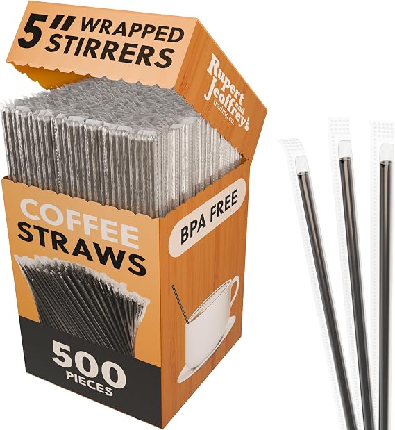 Individually Wrapped Coffee Stirrers, Black Plastic Sip Sticks, 500 Count