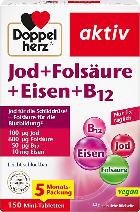 Doppelherz Iodine + Folic Acid + Iron + B12 - With Folic Acid as a Contribution to Normal Blood Formation - 150 Vegan Mini Tablets