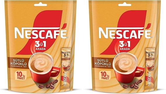 Nescafé 3'ü 1 Arada Sütlü Köpüklü Çözünebilir Kahve Karışımı 10'lu, 17,4 g 2li paket