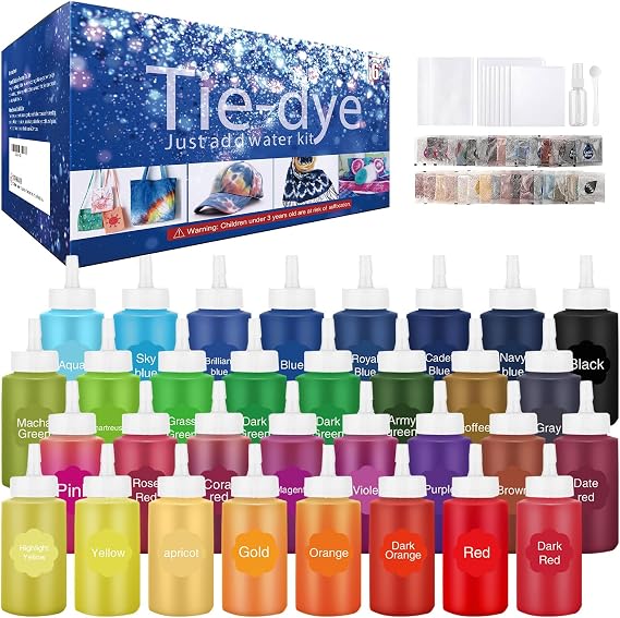 Tie Dye Kit 32 Color All-in-one Clothing Dye Kit, Permanent Fabric Dye for Kids, Adults, Large Group Handmade Party Activity, DIY Bright Neon Tye Dye Accessories