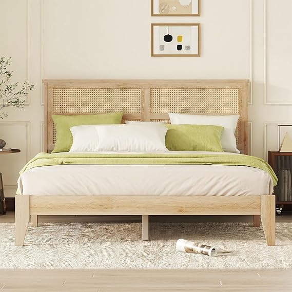 Solid Wooden Bed with Rattan Headboard, Bohemian Bed Frame, Rattan Bed Frame, Queen Size Rubber Wooden Bed, Effortless Assembly, No Box Spring Needed