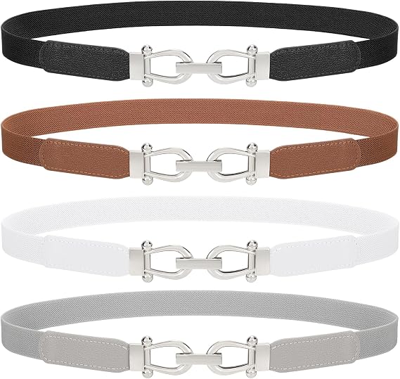 TRIWORKS 4 Pack Women Skinny Elastic Belts Gold Buckle Thin Stretchy Waist Belts for Dresses