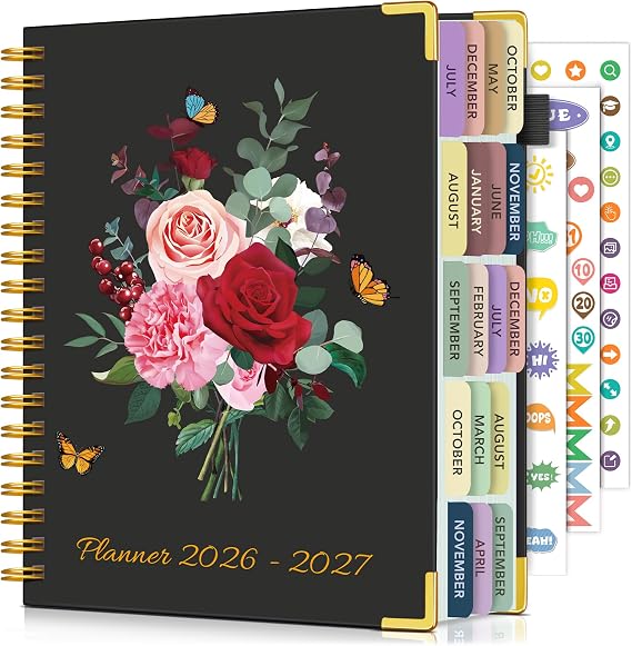 Academic Planner 2026-2027, 18 Months Weekly and Monthly Calendar Planner from July 2026 - December 2027, 7.3" x 10" B5 Large Hardcover Agenda Organizer Book with Tabs, Yearly Daily Planners for School Work Student Teacher, Black Flower