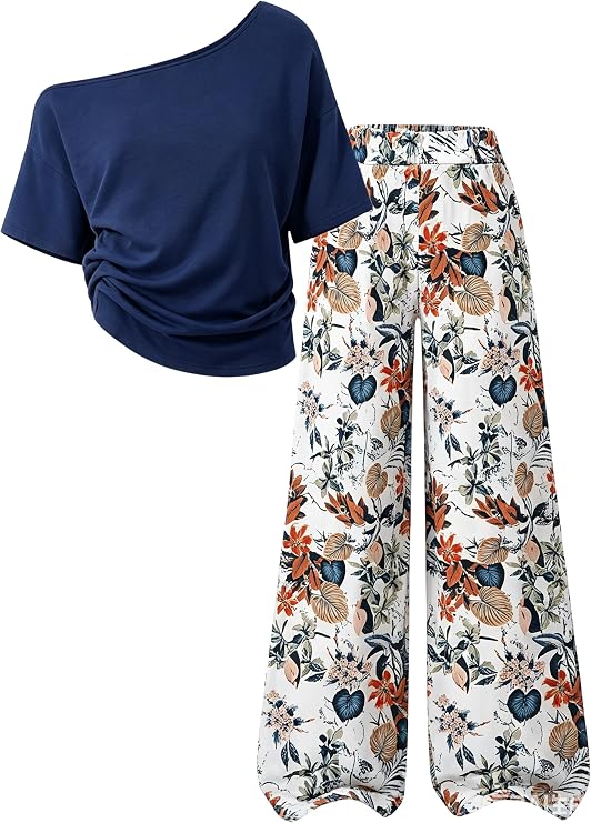 Girls Floral 2 Piece Outfits Off the Shoulder Top + Wide Leg Pants Casual Girl Clothes for 7-14 Years