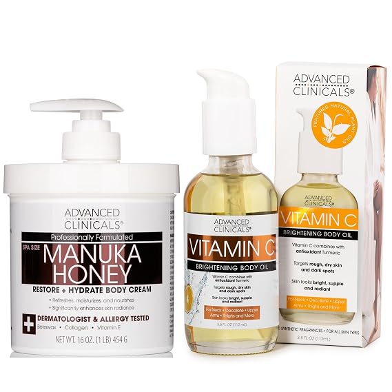 Advanced Clinicals Manuka Honey Hydrating Cream + Vitamin C Brightening Body Oil Set