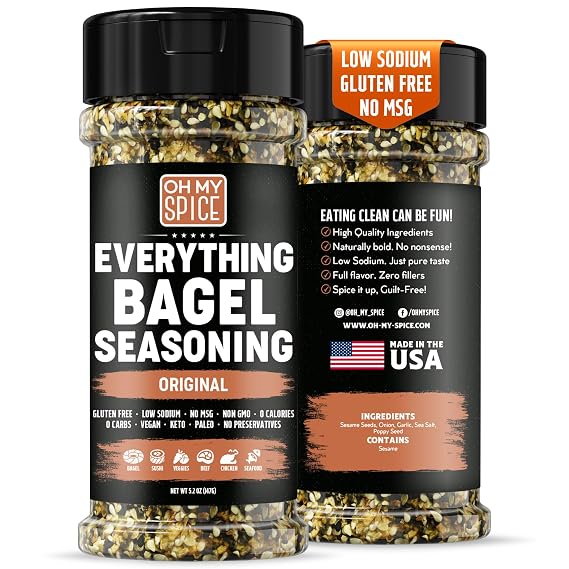 Everything Bagel Seasoning Blend - Gluten Free & Low Sodium Avocado Toast Seasoning. Vegetable Seasonings with Spices & Toasted Sesame Seeds. Egg, Meat & Salmon Keto Seasonings. Salad Toppings. 5.2oz