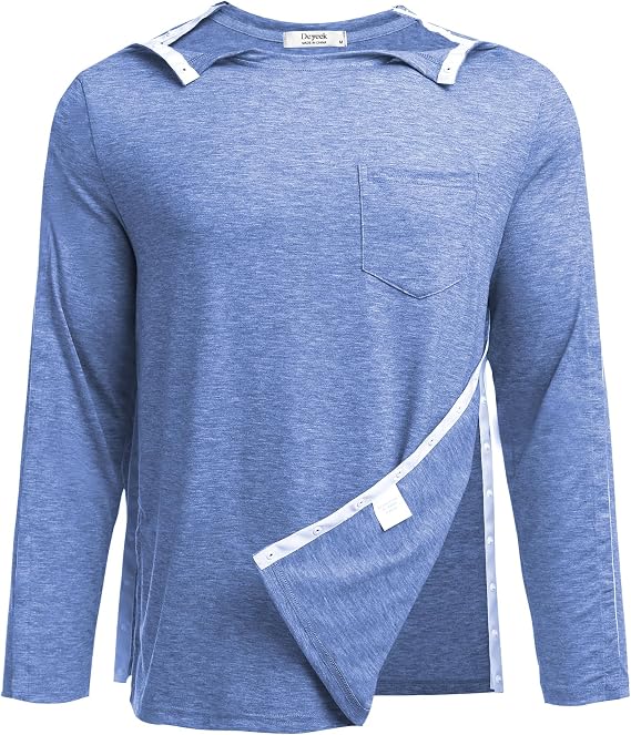 Deyeek Men's Post Shoulder Surgery Recovery Shirt, Tear Away Snap Chemo Top