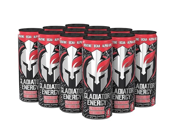 Gladiator Energy Drink, Sugar-Free, 12 Pack, Strawberry Watermelon, 12oz Cans, with Creatine, BCAA, and 250mg Caffeine