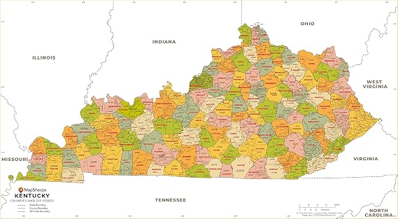 Kentucky ZIP Code Map with Counties - Extra Large - 60" x 33" Rolled Canvas