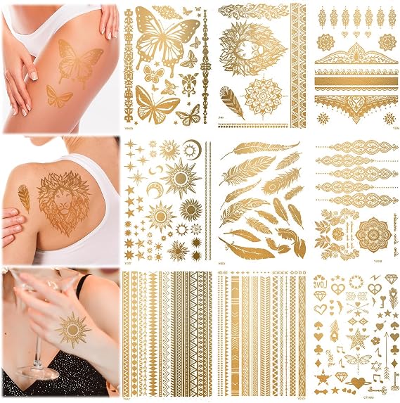 9 Sheets Gold Temporary Tattoos 110+ Designs Flash Metallic Golden