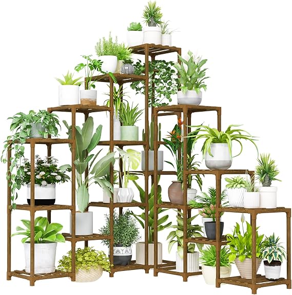 Bamworld Plant Shelf Indoor Large Plant Shelf Tall Flower Stands 16 Pots Outdoor Plant Rack for Garden Balcony Patio Window Living Room Corner Wood