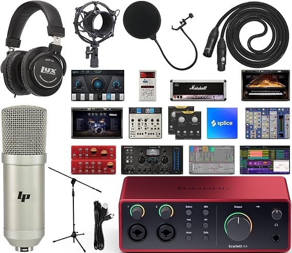 Focusrite Scarlett 4i4 4th Gen USB-C Audio Interface Recording Bundle with LyxPro Condenser Microphone, Headphones, Pop Filter, Shock Mount, Stand, XLR Cable & Software Pack