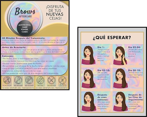50 Pcs Instrucciones De post Cuidados De Las Cejas Permanentes - Spanish Version Eyebrow Microblading Aftercare Instruction Cards 4.25x 5.5" inches - Microblading Supplies PMU kit