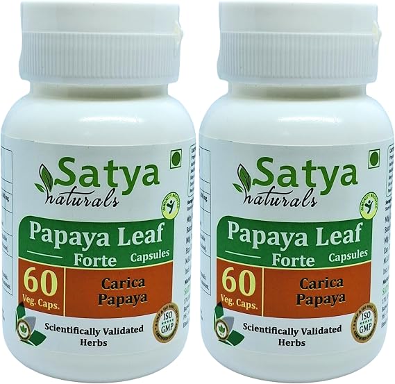 Papaya Leaf Forte Capsules 500 mg. 60 Veg. Capsule | Papaya Leaf (Carica papaya) Extract Capsules for Men and women | Ayurvedic Herbal Supplement/Remedies | 10:1 Forte (2 Bottles of 60 Capsules)
