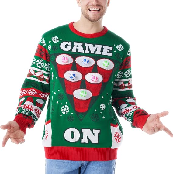 Giggling Getup Ugly Christmas Sweater with Light, LED Ugly Christmas Sweater for Women Men Kids 2025 Cheer Pong Game(Green