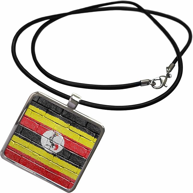 3dRose - Carsten Reisinger Illustrations - National flag of Uganda painted onto a brick wall Ugandan - Necklace With Pendant (ncl-157005-1)
