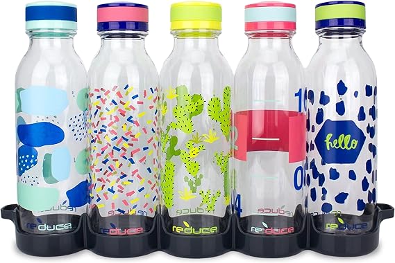 REDUCE WaterWeek Reusable Water Bottle Set, 20oz Plastic Reusable Water Bottle Set of 5, Plus Fridge Tray BPA-Free, Leak Proof Twist Off Cap Bliss