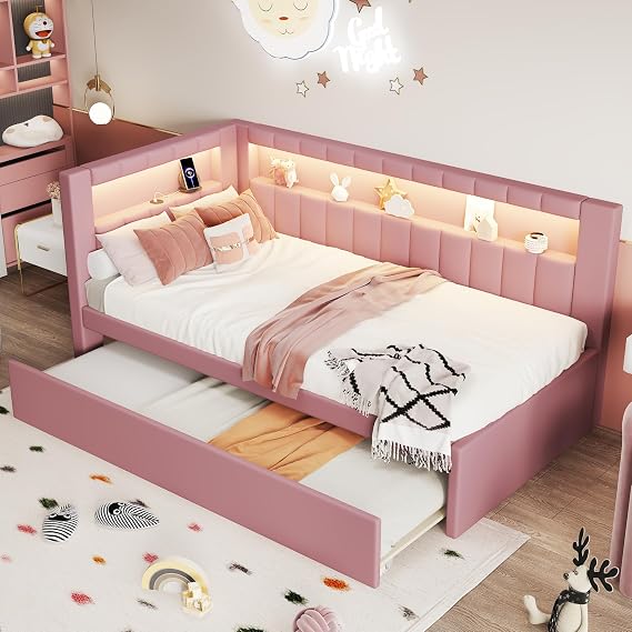 Bellemave Twin Size Upholstered Daybed with Trundle and USB/LED Belt, Corner Bed with Trundle. L-Shape daybed for Bedroom Living Room, Pink(Linen)