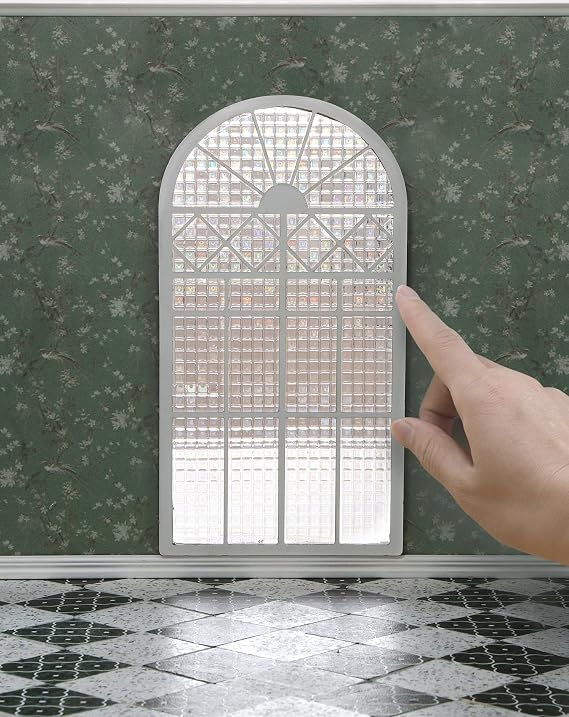 iLAND Dollhouse Windows Arched Fan Grid Frame & Realistic 3D Grid PVC Film, DIY 1/12 & 1 6 Scale Accessories Wooden Dollhouse Building Supplies, Complete Miniature Window Kit, Vintage Doll House Decor