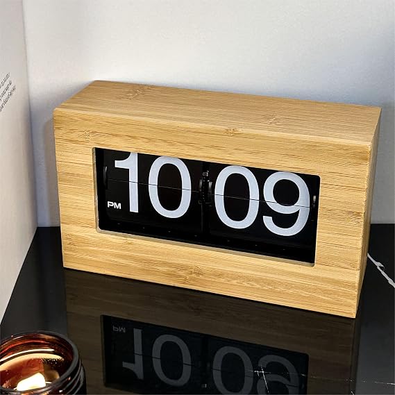 Bamboo Flip Clock,Retro Digital Flip Down Clock,Flip Desk Clock,Retro Vintage Design Auto Flip Clock Desk Clock Table Clock,Battery Operated Digital Display,Decorations(No battery included) (black)