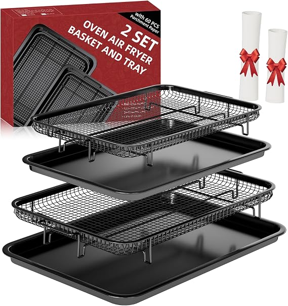 Air Fryer Basket for Oven, 2 Set Oven Air Fryer Basket and Tray For Cooking | with 60 Sheets Parchment Papers,THORSES Food-Grade Stainless Steel Air Fryer Rack and Crisper Tray-Black Large15"&Medium13.4"