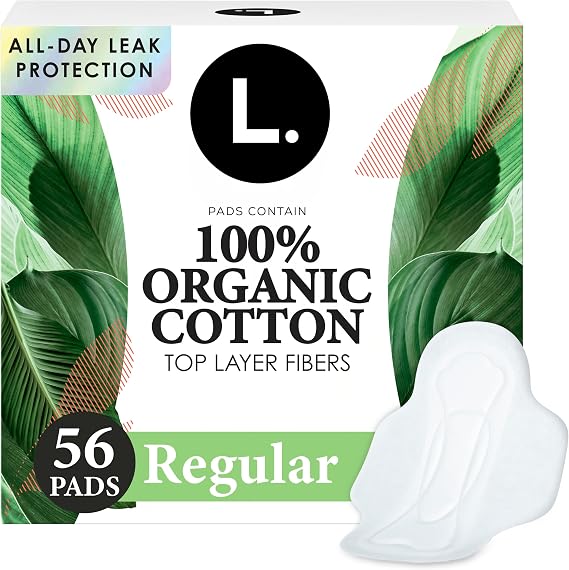 L. Ultra Thin Pads for Women, Regular Absorbency, Organic Cotton Top Layer, Unscented Pads with Wings, 56 Count