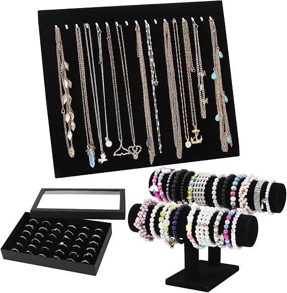 3 Pcs Black Velvet Jewelry Display Sets, Necklace Stand T Bar Bracelet Holder Ring Display Stand for Home Store Selling Craft Showcase Organizer